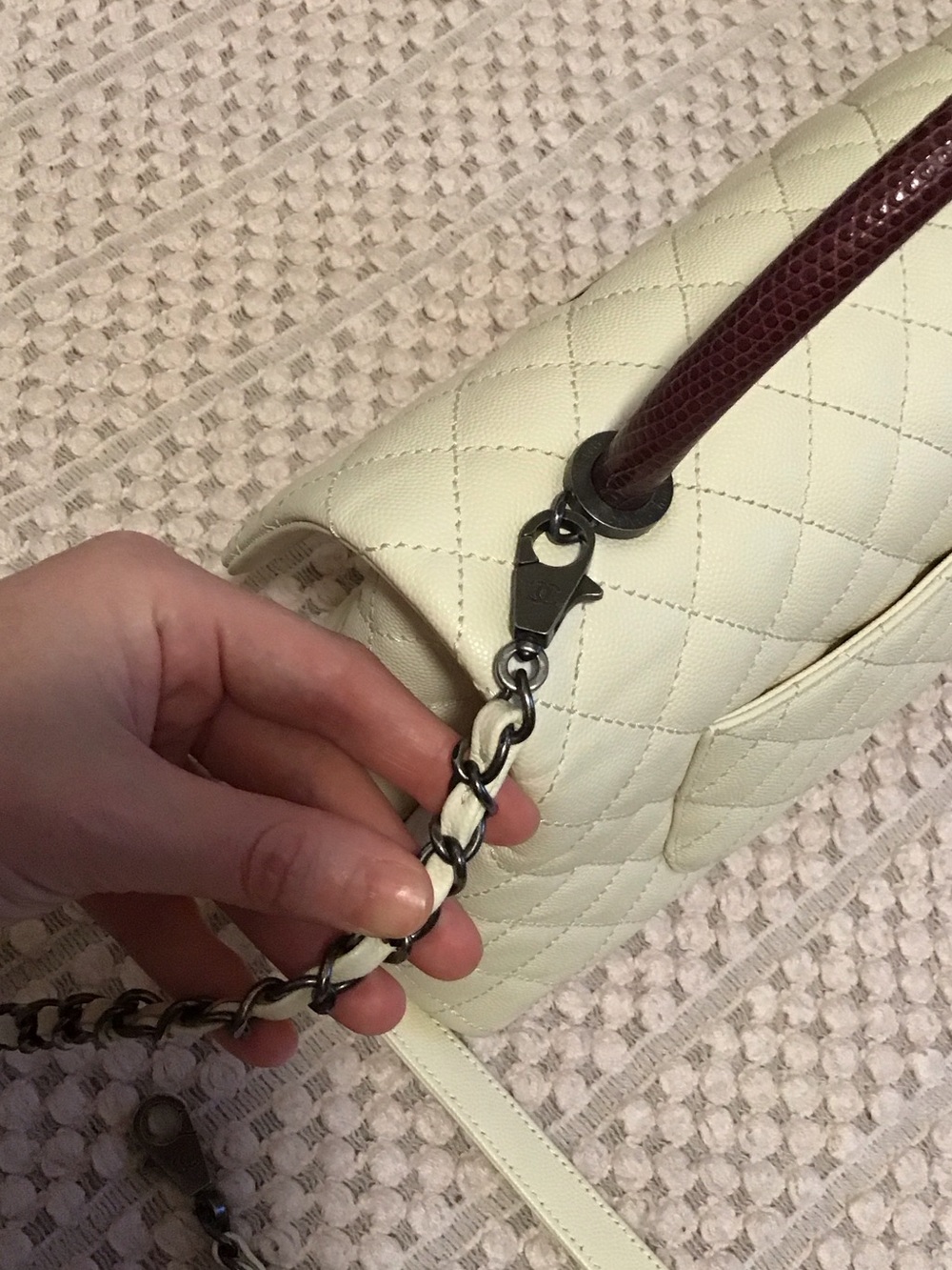 CHANEL Cream Quilted Top-Handle Satchel with Bordeaux Handle - Picture 9 of 9